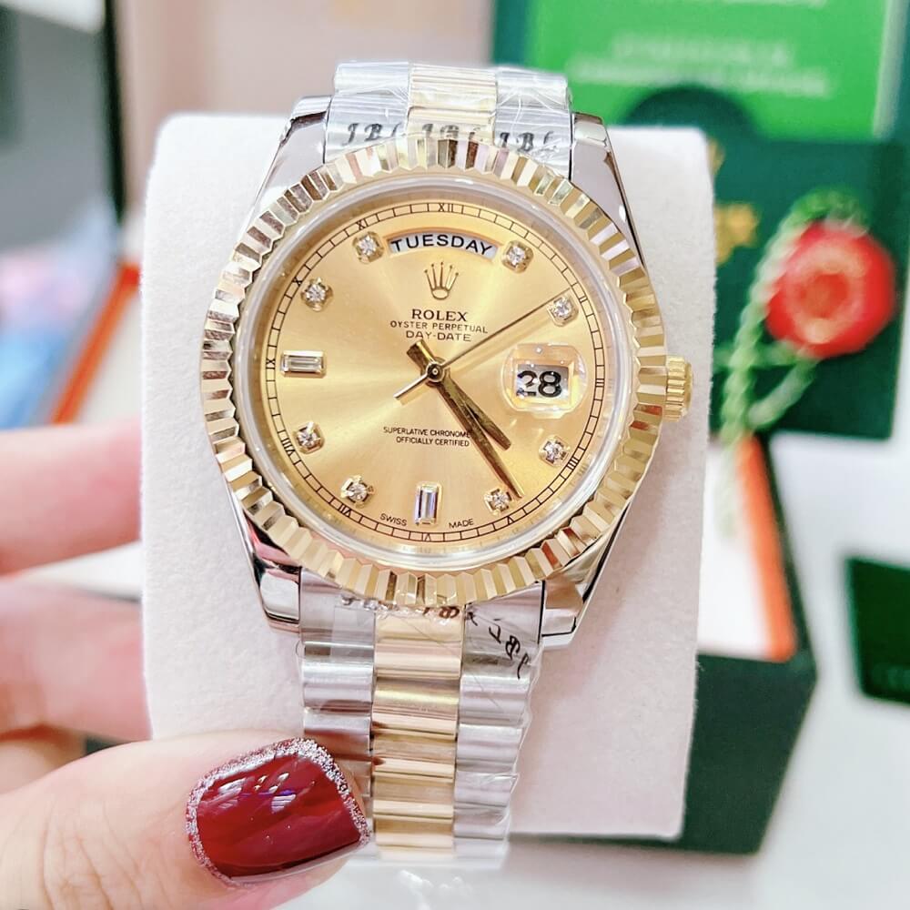 Đồng Hồ Nam Rolex Automatic 2 Lịch Viền Khía Demi Vàng Gold 41mm
