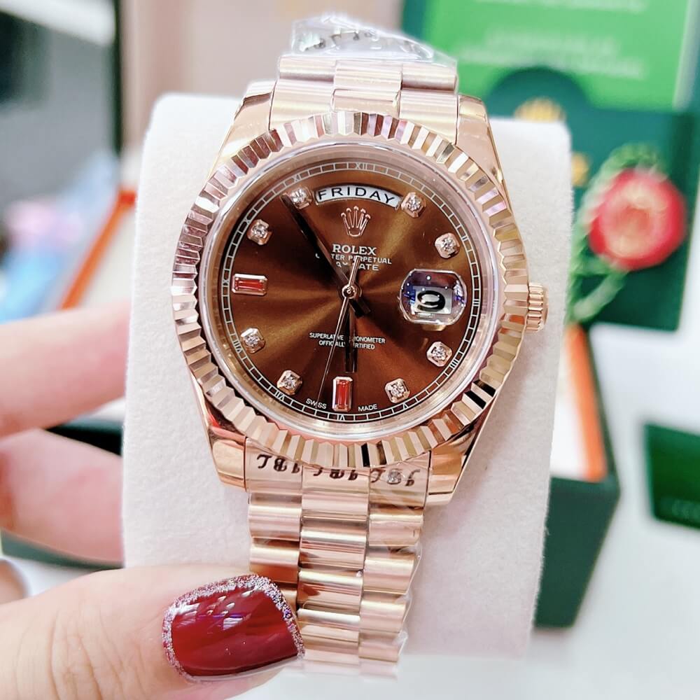 Đồng Hồ Nam Rolex Automatic 2 Lịch Viền Khía Mặt Nâu Rose Gold 41mm