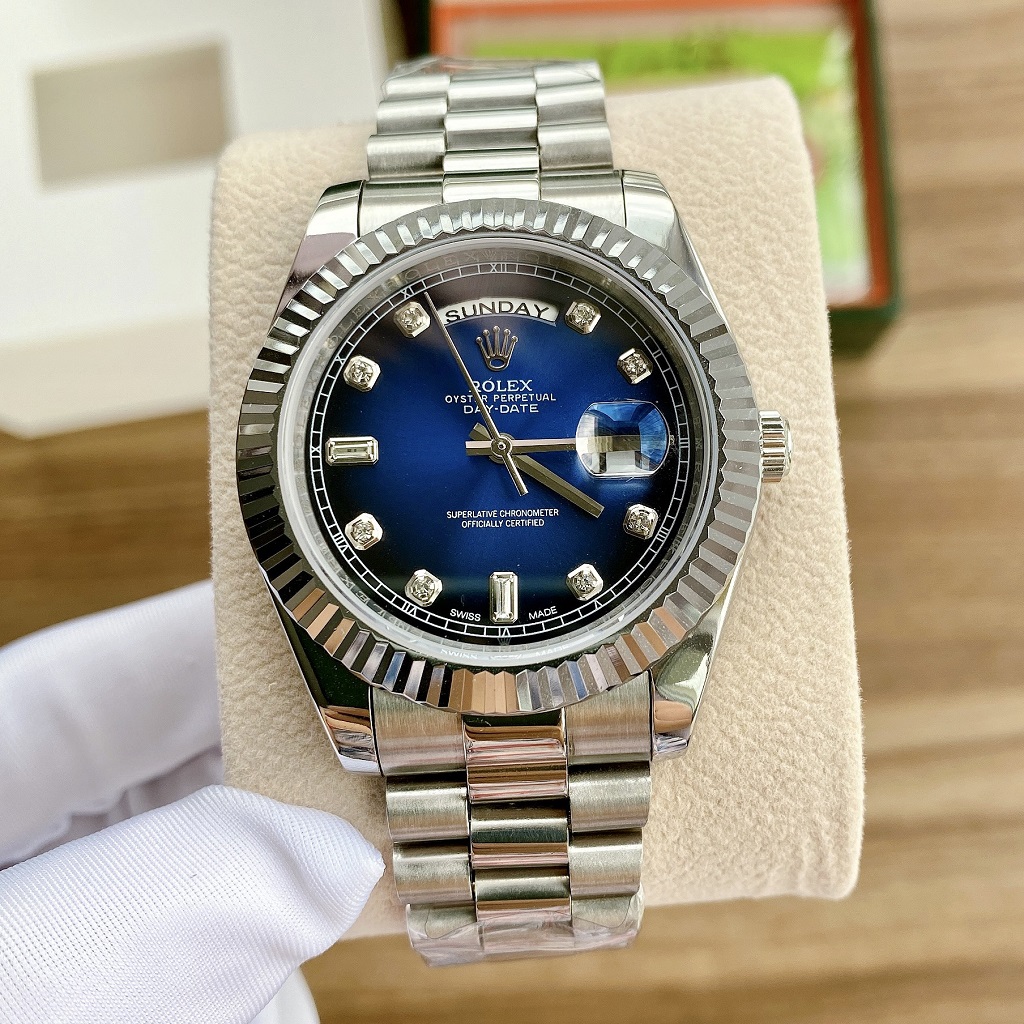 Đồng Hồ Rolex Nam Automatic 2 Lịch Dây Bạc Mặt Khía Xanh 41mm