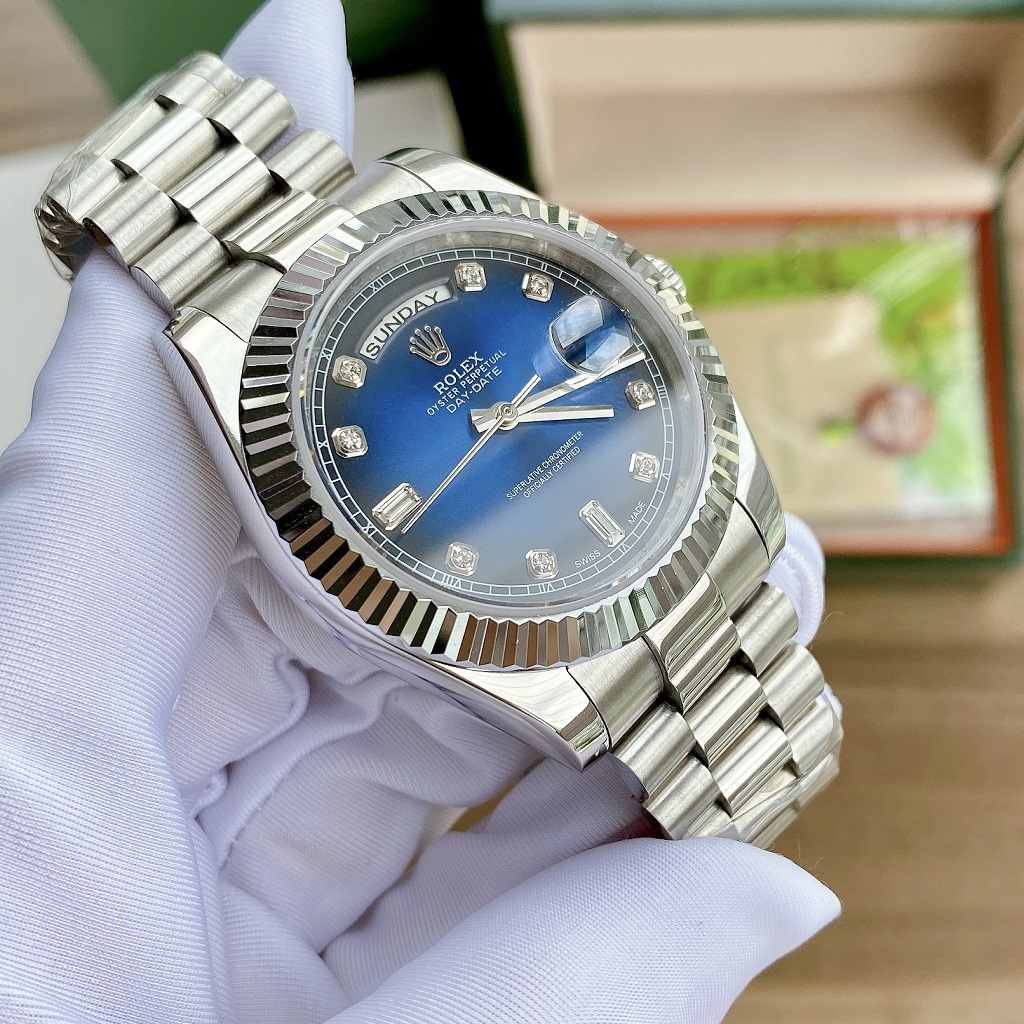 Đồng Hồ Rolex Nam Automatic Dây Bạc Mặt Khía Xanh 41mm