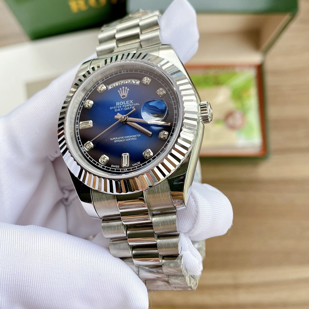 Đồng Hồ Rolex Nam Automatic Dây Bạc Mặt Khía Xanh 41mm