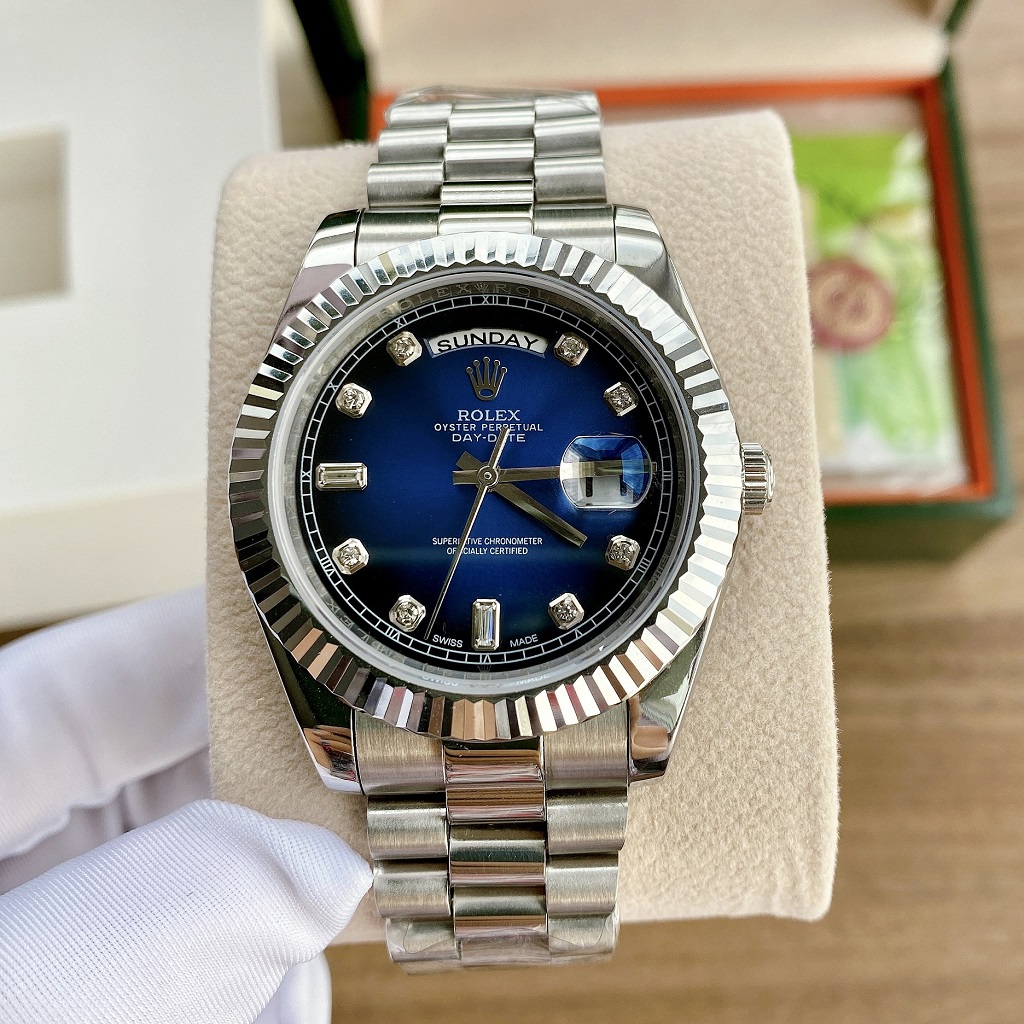 Đồng Hồ Rolex Nam Automatic Dây Bạc Mặt Khía Xanh 41mm