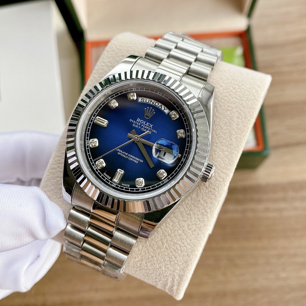 Đồng Hồ Rolex Nam Automatic Dây Bạc Mặt Khía Xanh 41mm