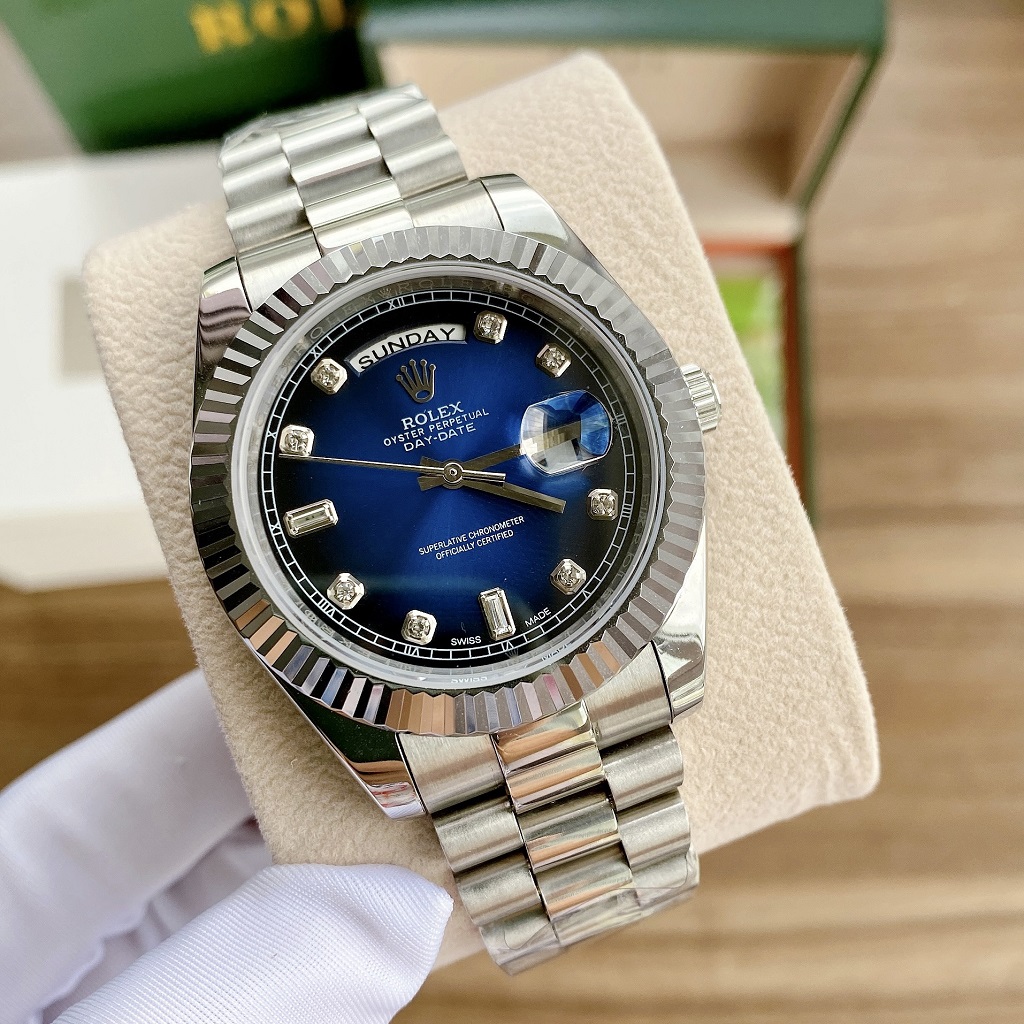 Đồng Hồ Rolex Nam Automatic Dây Bạc Mặt Khía Xanh 41mm