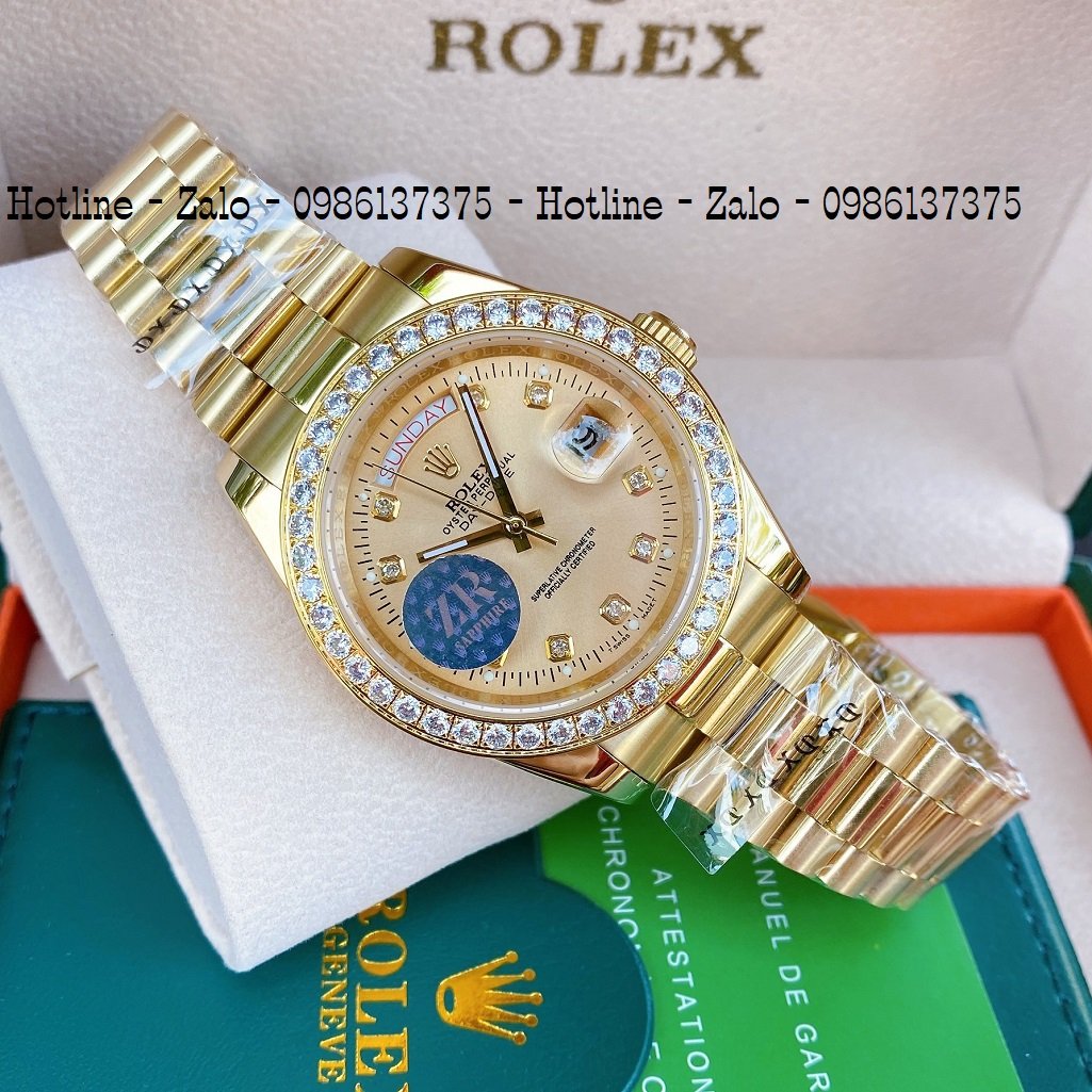 Đồng Hồ Nam Rolex Automatic 2 Lịch Viền Đá Vàng Vàng 41mm