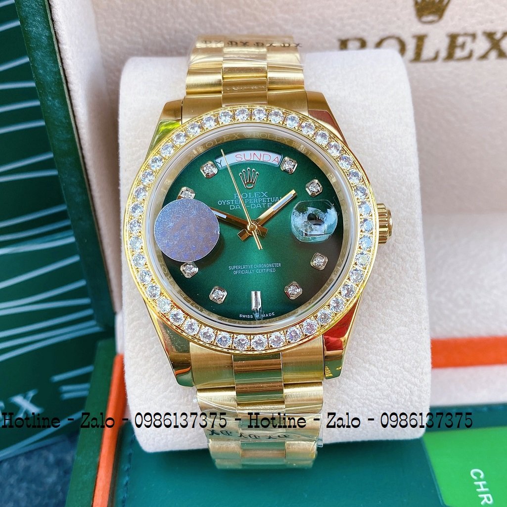 Đồng Hồ Nam Rolex Automatic 2 Lịch Viền Đá Vàng Xanh Lá 41mm