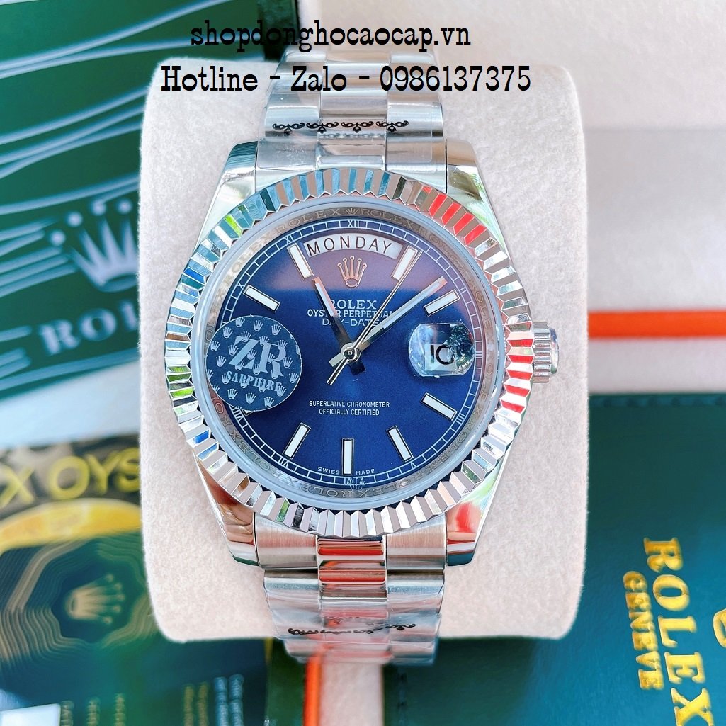 Đồng Hồ Nam Rolex Automatic 2 Lịch Viền Khía Bạc Blue 41mm