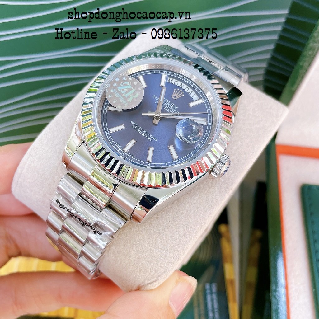 Đồng Hồ Nam Rolex Automatic 2 Lịch Viền Khía Bạc Blue 41mm