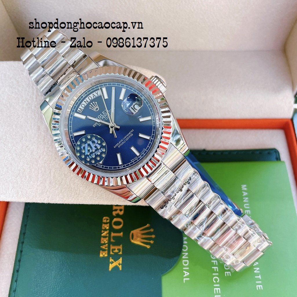 Đồng Hồ Nam Rolex Automatic 2 Lịch Viền Khía Bạc Blue 41mm