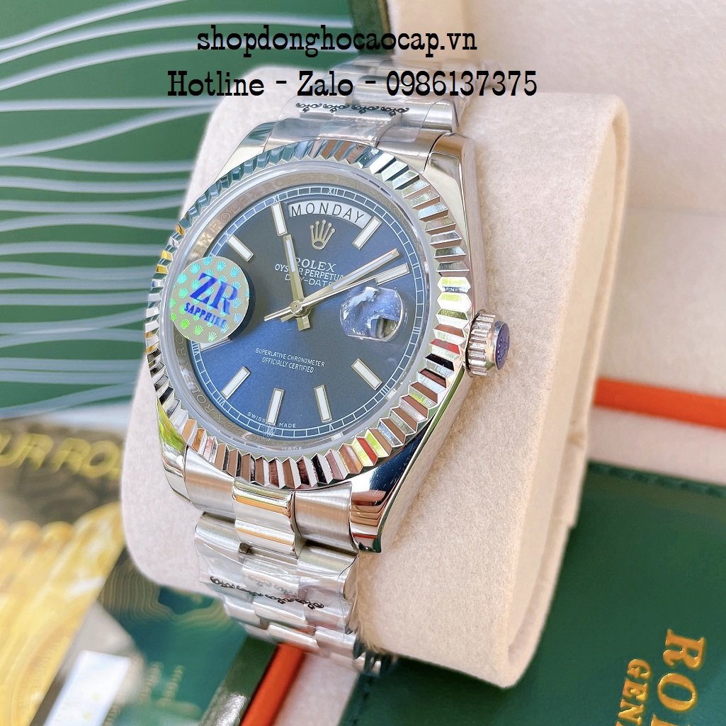 Đồng Hồ Nam Rolex Automatic 2 Lịch Viền Khía Bạc Blue 41mm
