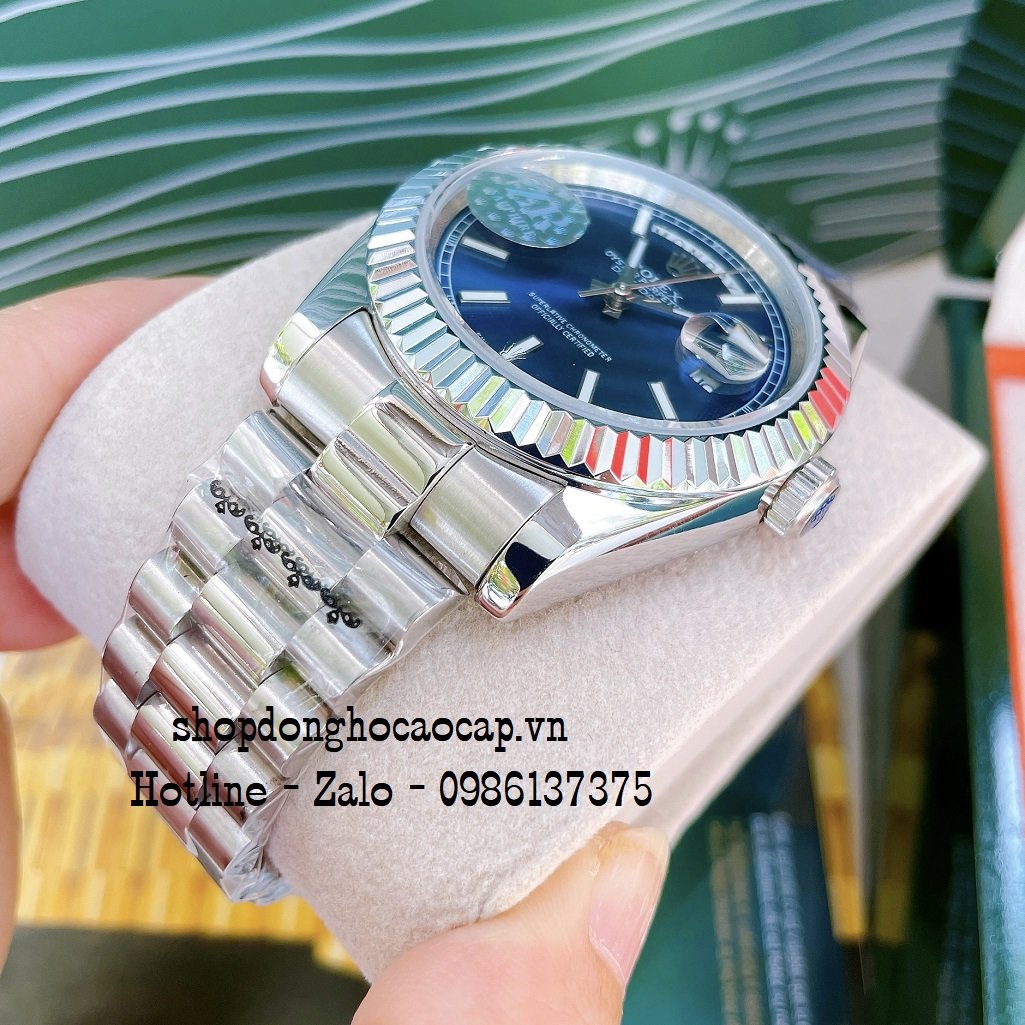 Đồng Hồ Nam Rolex Automatic 2 Lịch Viền Khía Bạc Blue 41mm