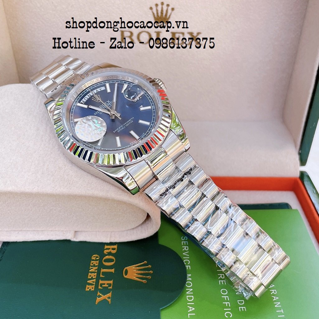 Đồng Hồ Nam Rolex Automatic 2 Lịch Viền Khía Bạc Blue 41mm