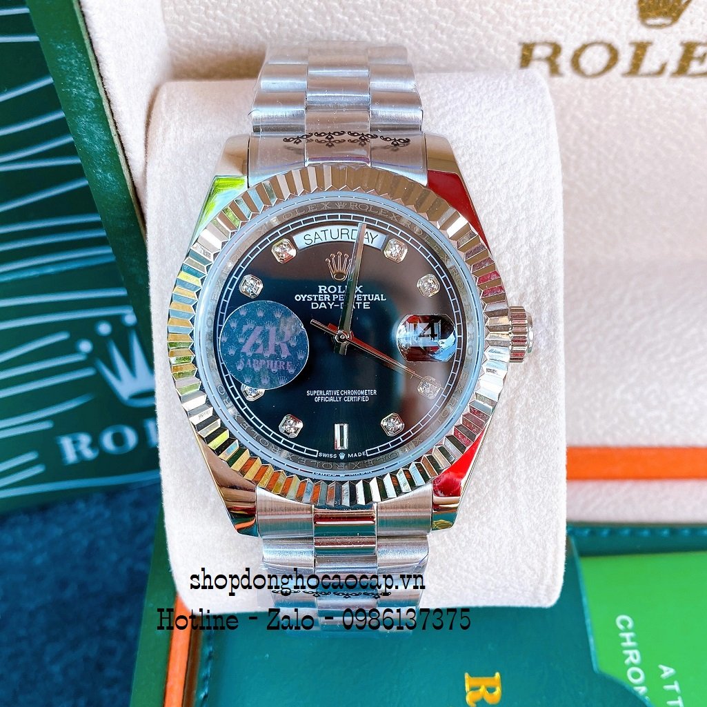 Đồng Hồ Nam Rolex Automatic 2 Lịch Viền Khía Bạc Đen 41mm