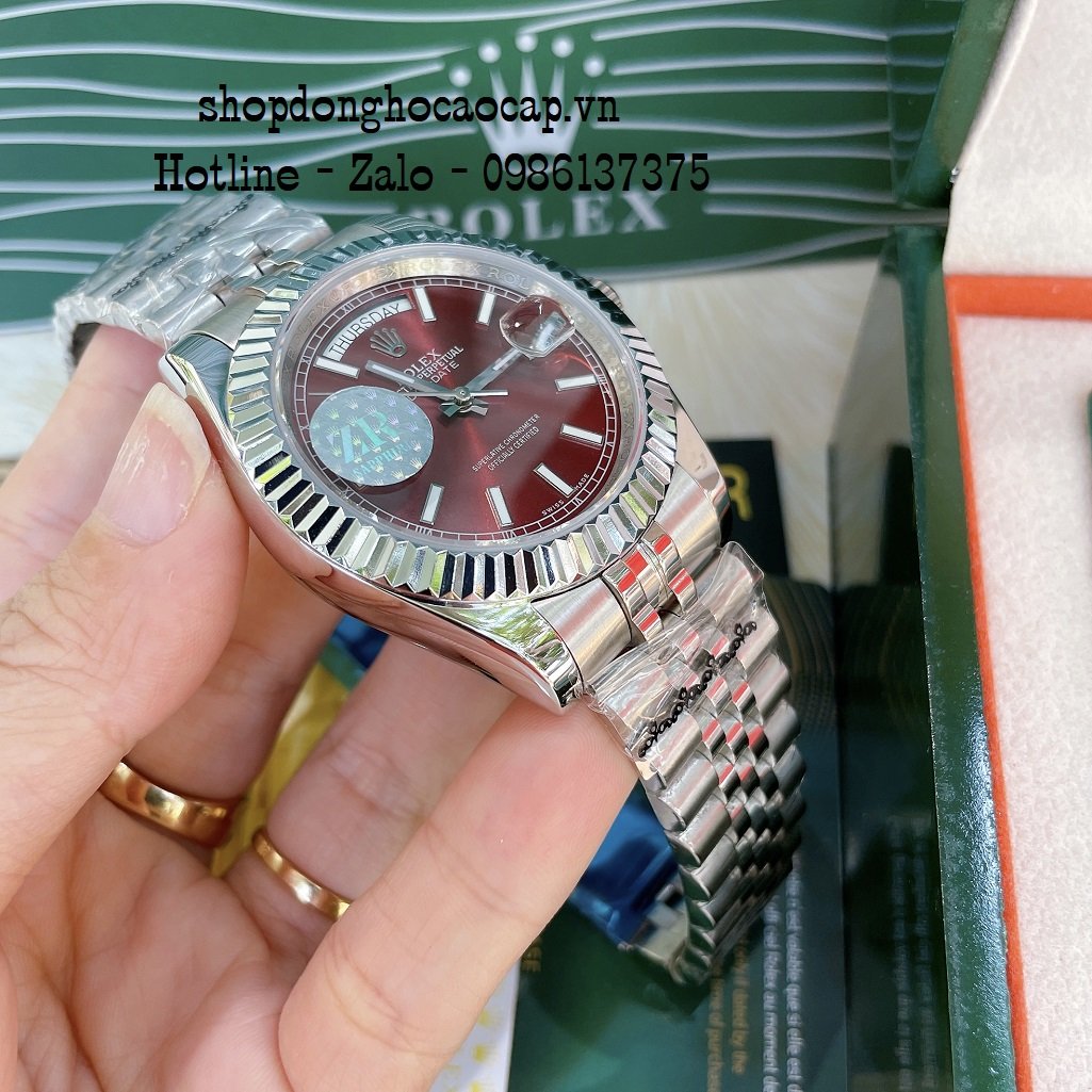 Đồng Hồ Nam Rolex Automatic 2 Lịch Viền Khía Bạc Đỏ 41mm