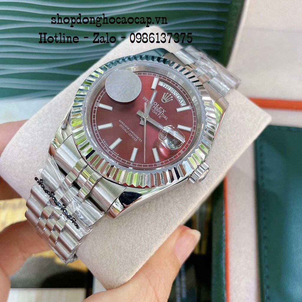 Đồng Hồ Nam Rolex Automatic 2 Lịch Viền Khía Bạc Đỏ 41mm