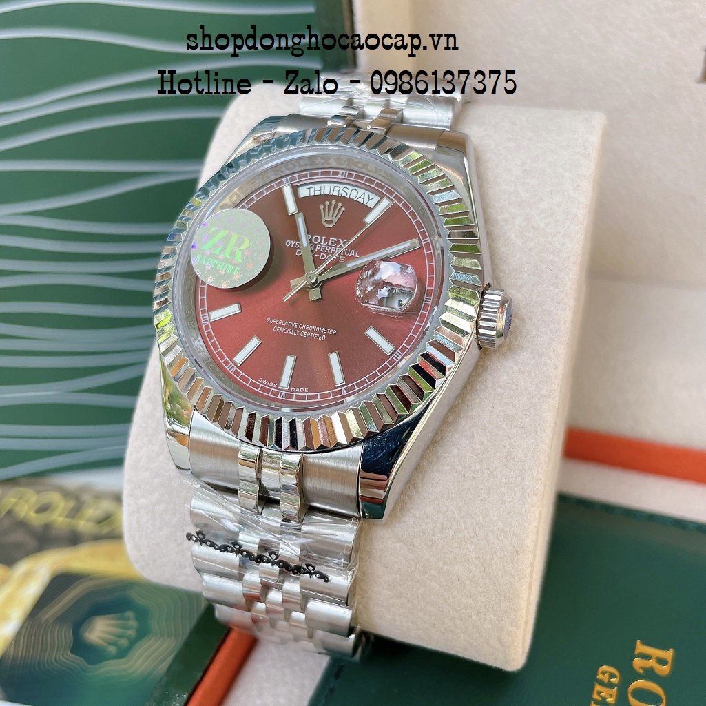 Đồng Hồ Nam Rolex Automatic 2 Lịch Viền Khía Bạc Đỏ 41mm