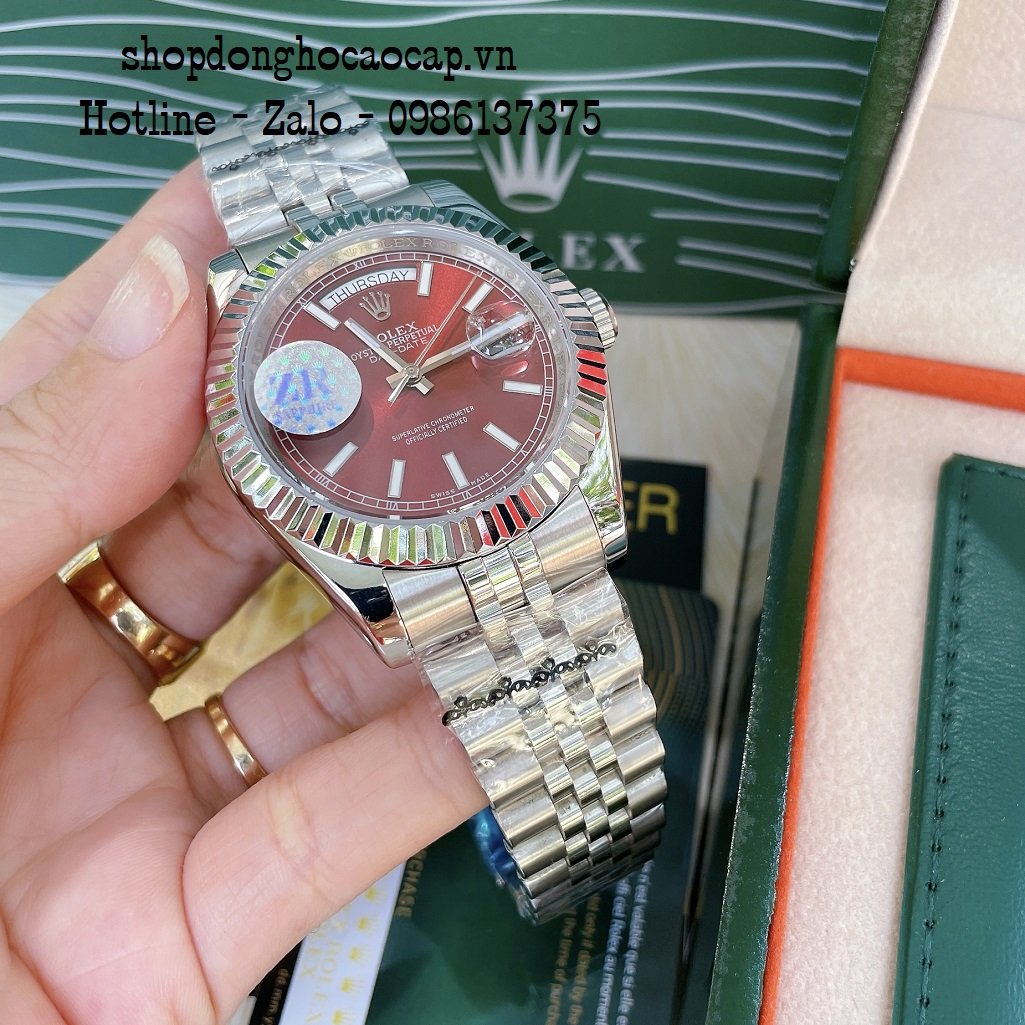 Đồng Hồ Nam Rolex Automatic 2 Lịch Viền Khía Bạc Đỏ 41mm