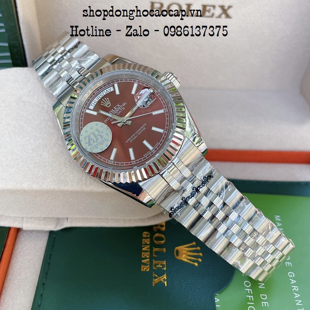 Đồng Hồ Nam Rolex Automatic 2 Lịch Viền Khía Bạc Đỏ 41mm