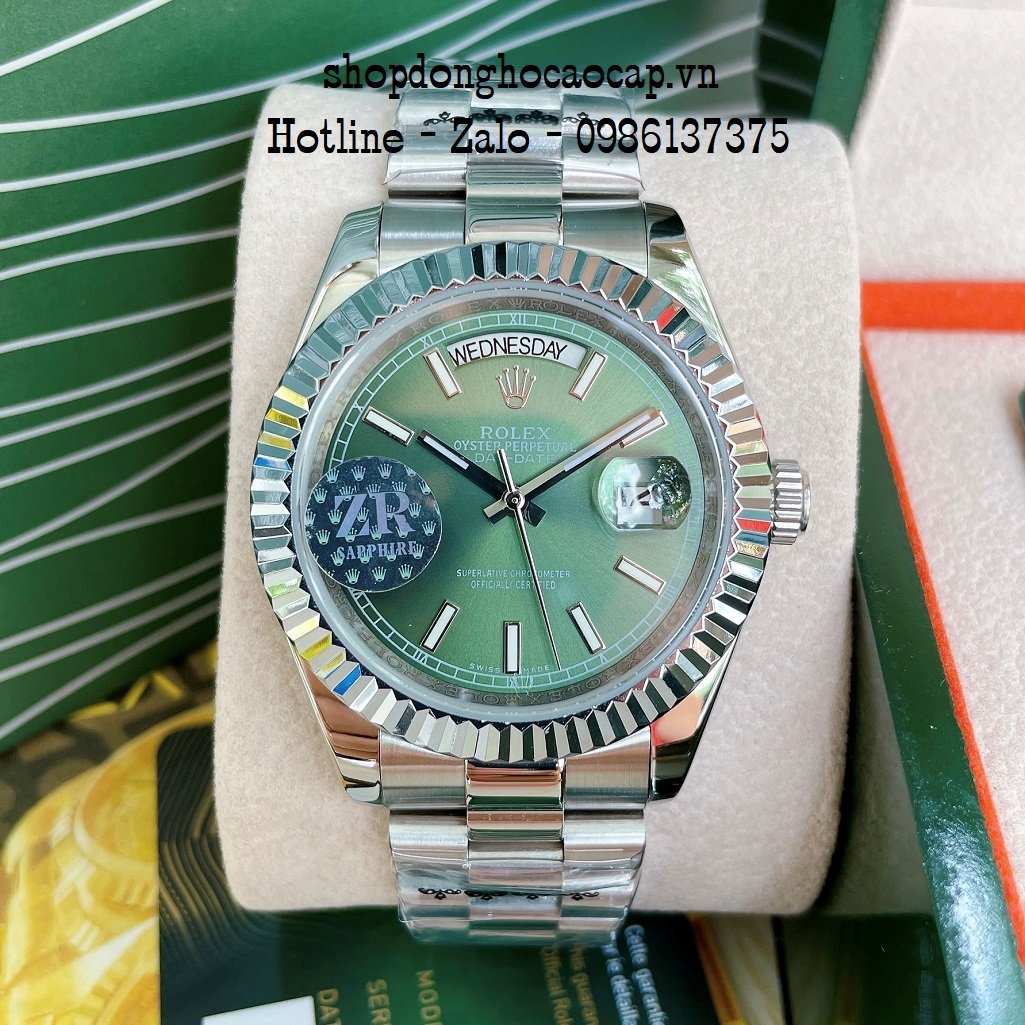 Đồng Hồ Nam Rolex Automatic 2 Lịch Viền Khía Bạc Green 41mm