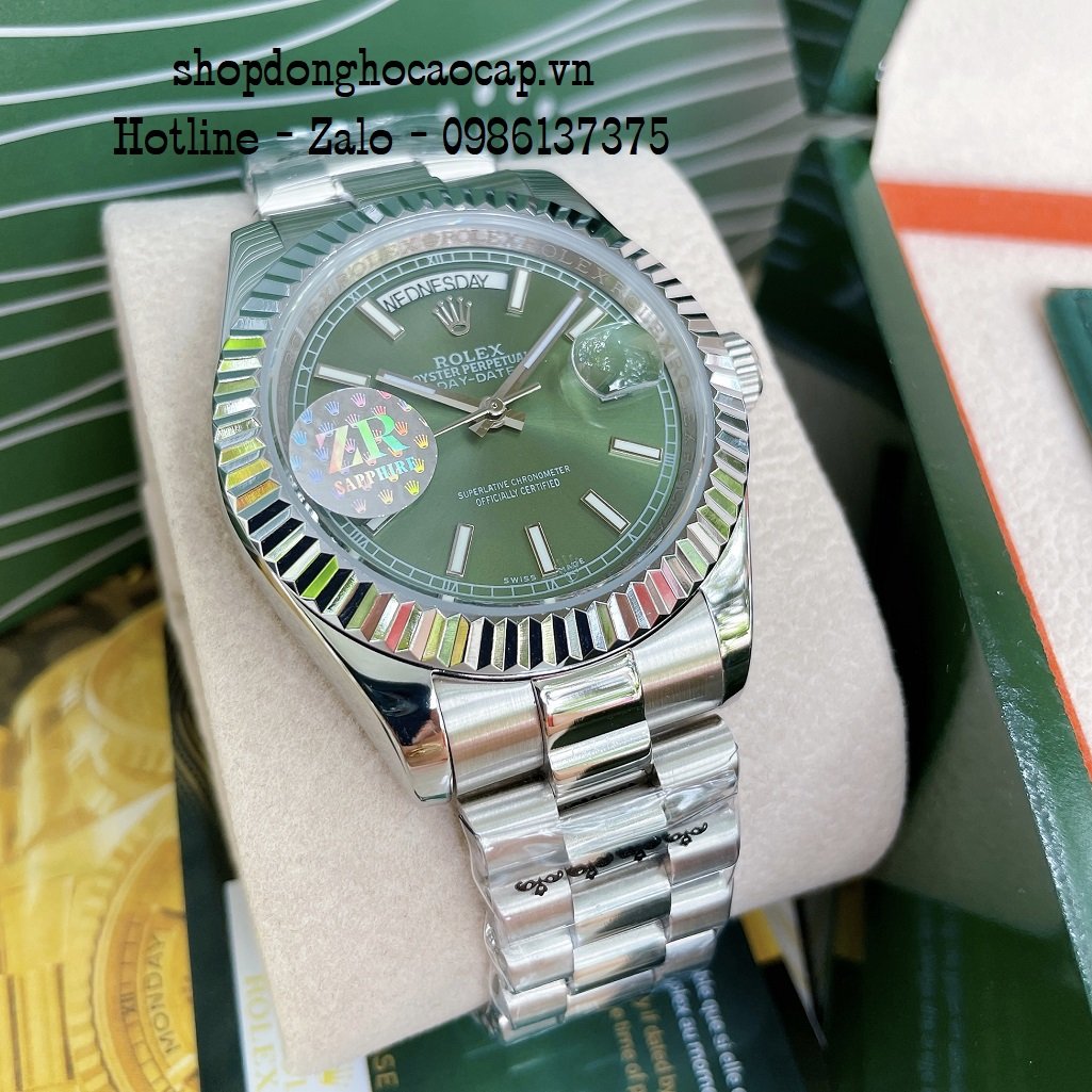 Đồng Hồ Nam Rolex Automatic 2 Lịch Viền Khía Bạc Green 41mm