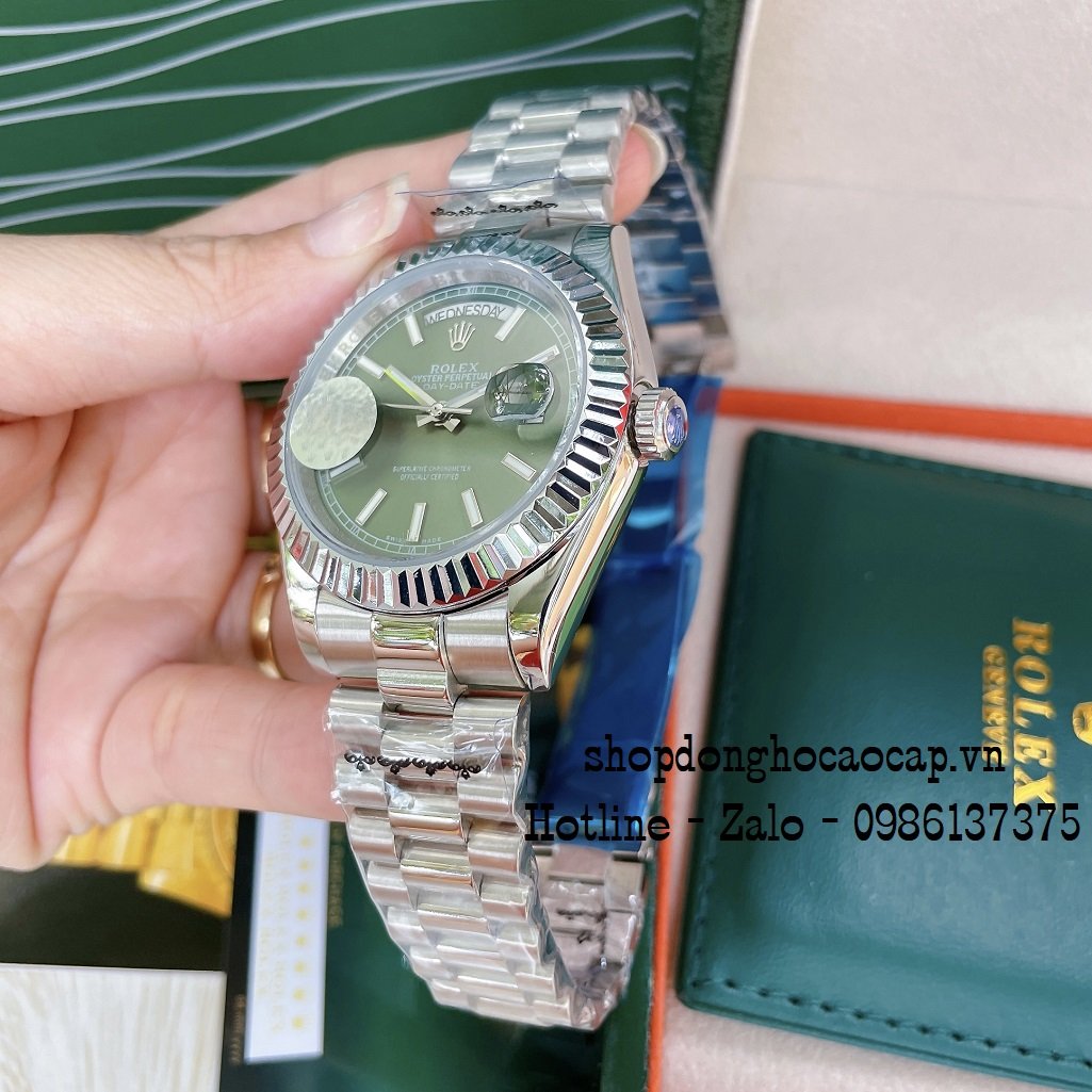 Đồng Hồ Nam Rolex Automatic 2 Lịch Viền Khía Bạc Green 41mm