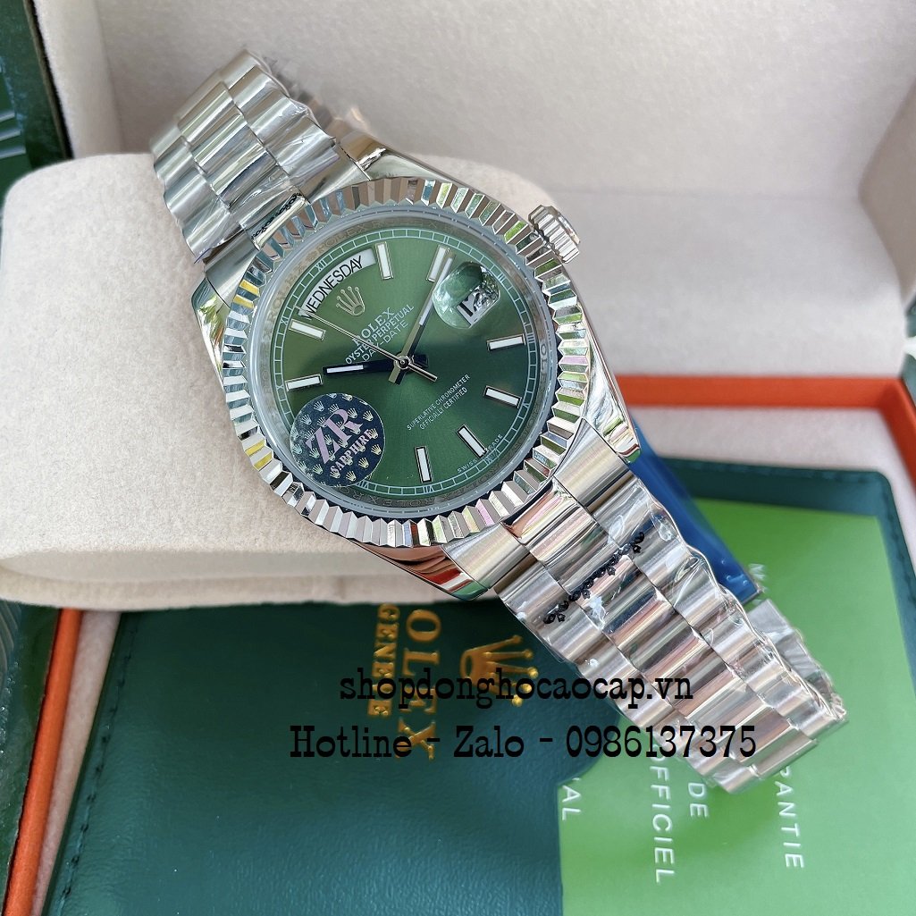 Đồng Hồ Nam Rolex Automatic 2 Lịch Viền Khía Bạc Green 41mm