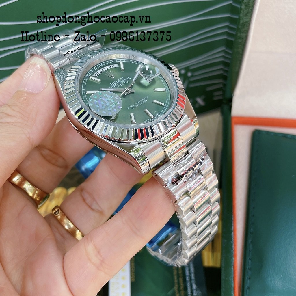 Đồng Hồ Nam Rolex Automatic 2 Lịch Viền Khía Bạc Green 41mm