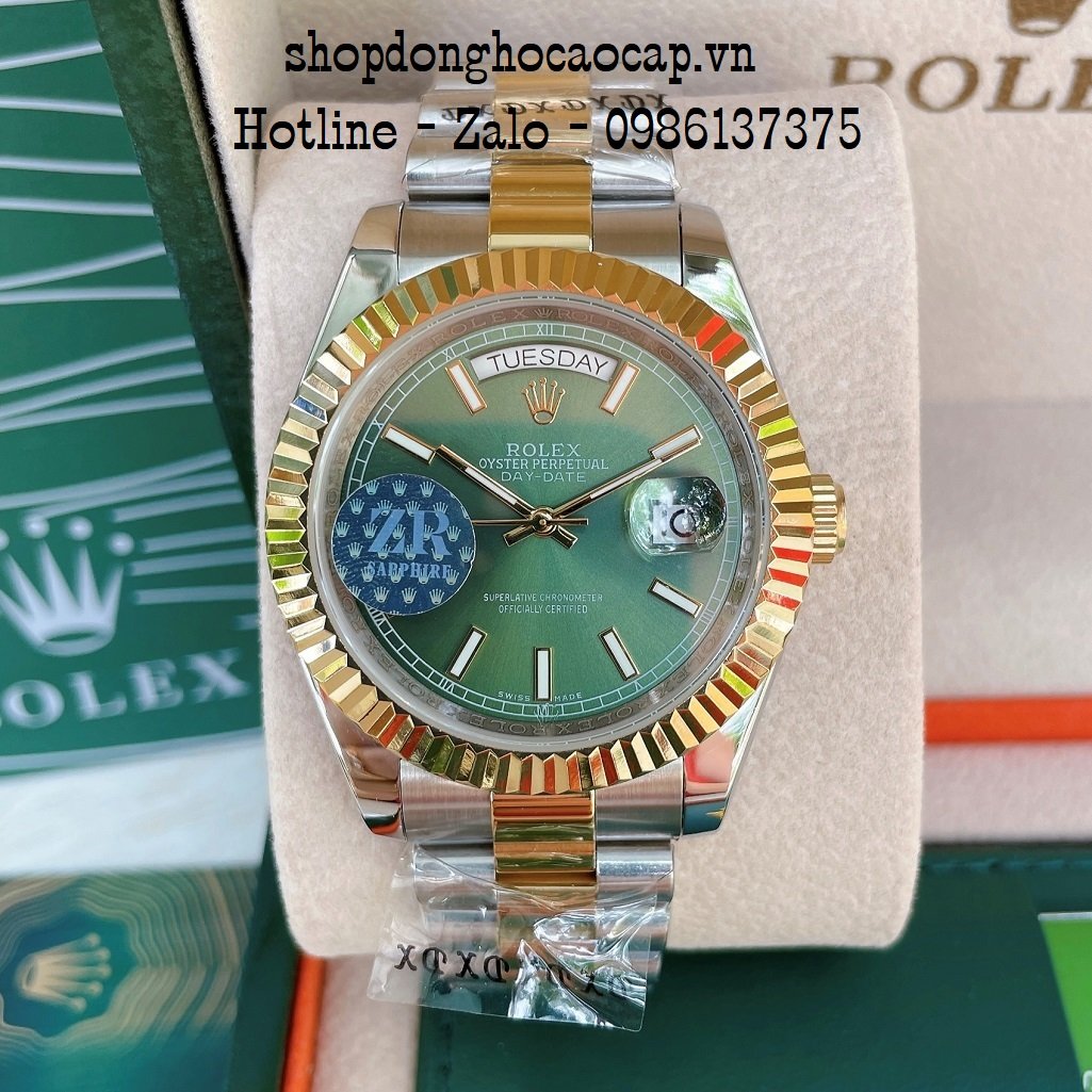 Đồng Hồ Nam Rolex Automatic 2 Lịch Viền Khía Demi Green 41mm