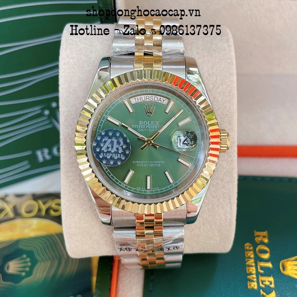 Đồng Hồ Nam Rolex Automatic 2 Lịch Viền Khía Demi Green 41mm