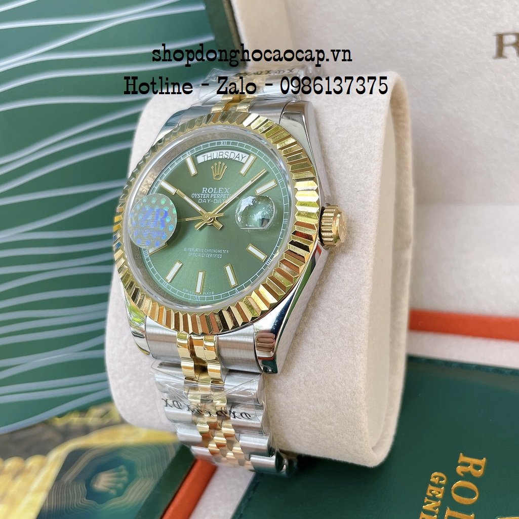 Đồng Hồ Nam Rolex Automatic 2 Lịch Viền Khía Demi Green 41mm