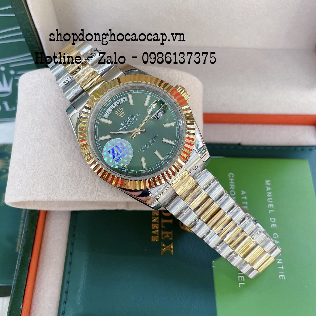 Đồng Hồ Nam Rolex Automatic 2 Lịch Viền Khía Demi Green 41mm