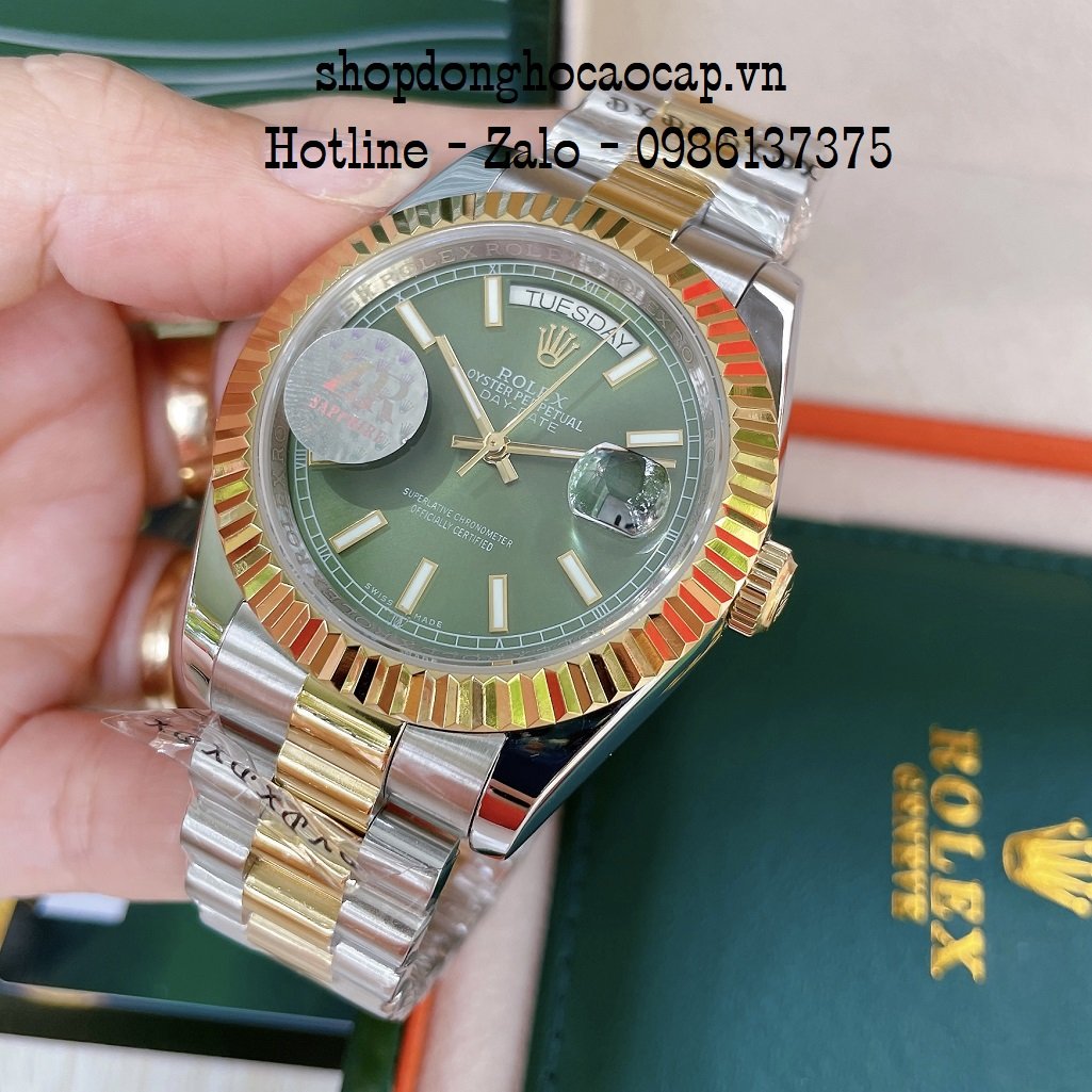Đồng Hồ Nam Rolex Automatic 2 Lịch Viền Khía Demi Green 41mm