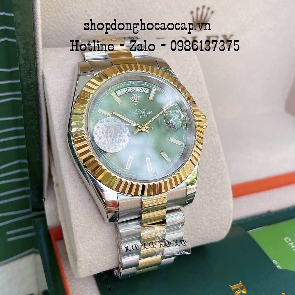 Đồng Hồ Nam Rolex Automatic 2 Lịch Viền Khía Demi Green 41mm