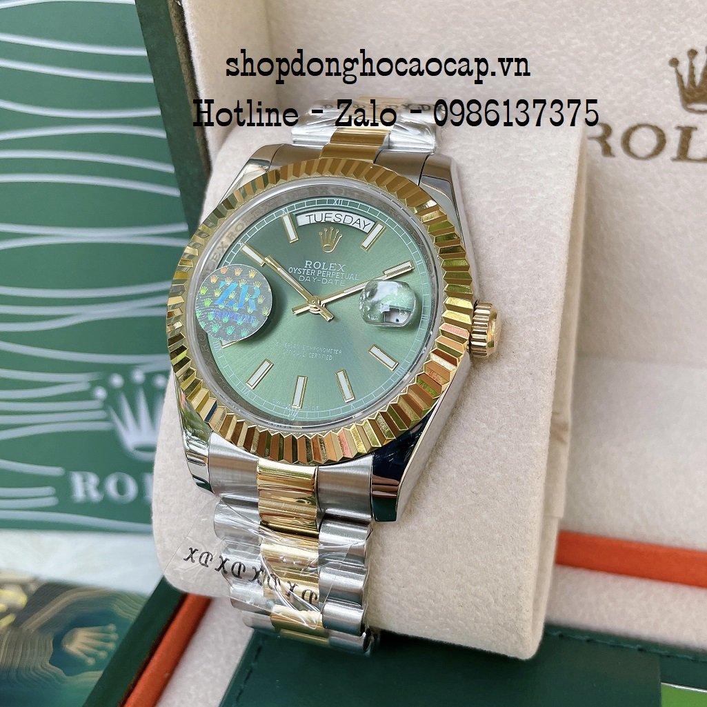 Đồng Hồ Nam Rolex Automatic 2 Lịch Viền Khía Demi Green 41mm