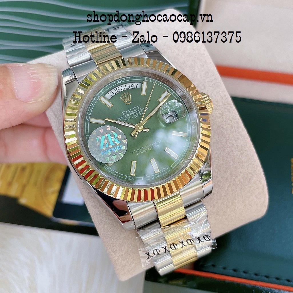 Đồng Hồ Nam Rolex Automatic 2 Lịch Viền Khía Demi Green 41mm