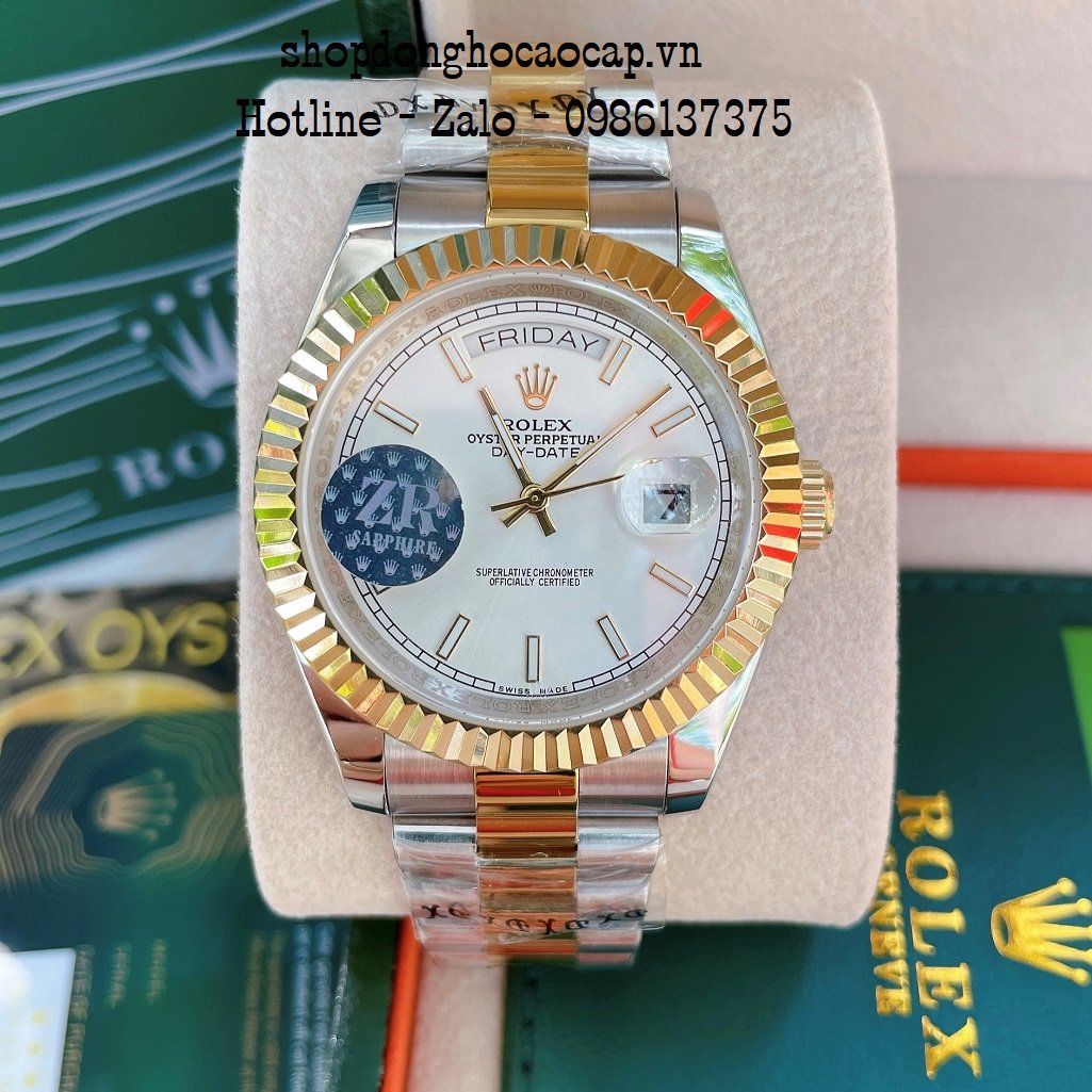 Đồng Hồ Nam Rolex Automatic 2 Lịch Viền Khía Demi Trắng 41mm