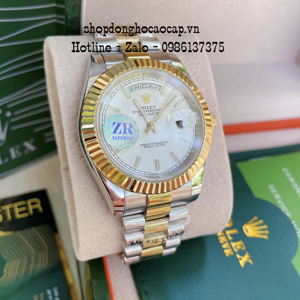 Đồng Hồ Nam Rolex Automatic 2 Lịch Viền Khía Demi Trắng 41mm