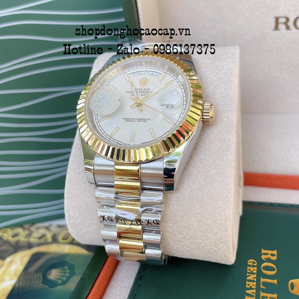 Đồng Hồ Nam Rolex Automatic 2 Lịch Viền Khía Demi Trắng 41mm