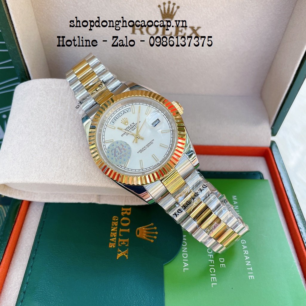 Đồng Hồ Nam Rolex Automatic 2 Lịch Viền Khía Demi Trắng 41mm