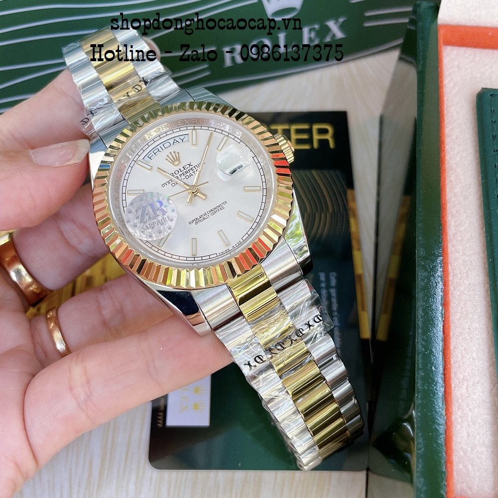 Đồng Hồ Nam Rolex Automatic 2 Lịch Viền Khía Demi Trắng 41mm