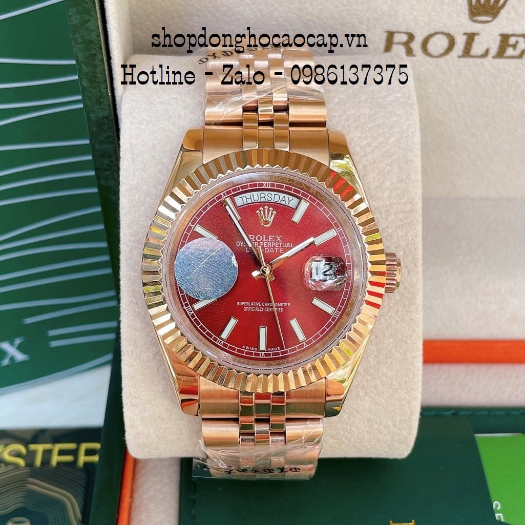 Đồng Hồ Nam Rolex Automatic 2 Lịch Viền Khía Đồng Đỏ 41mm