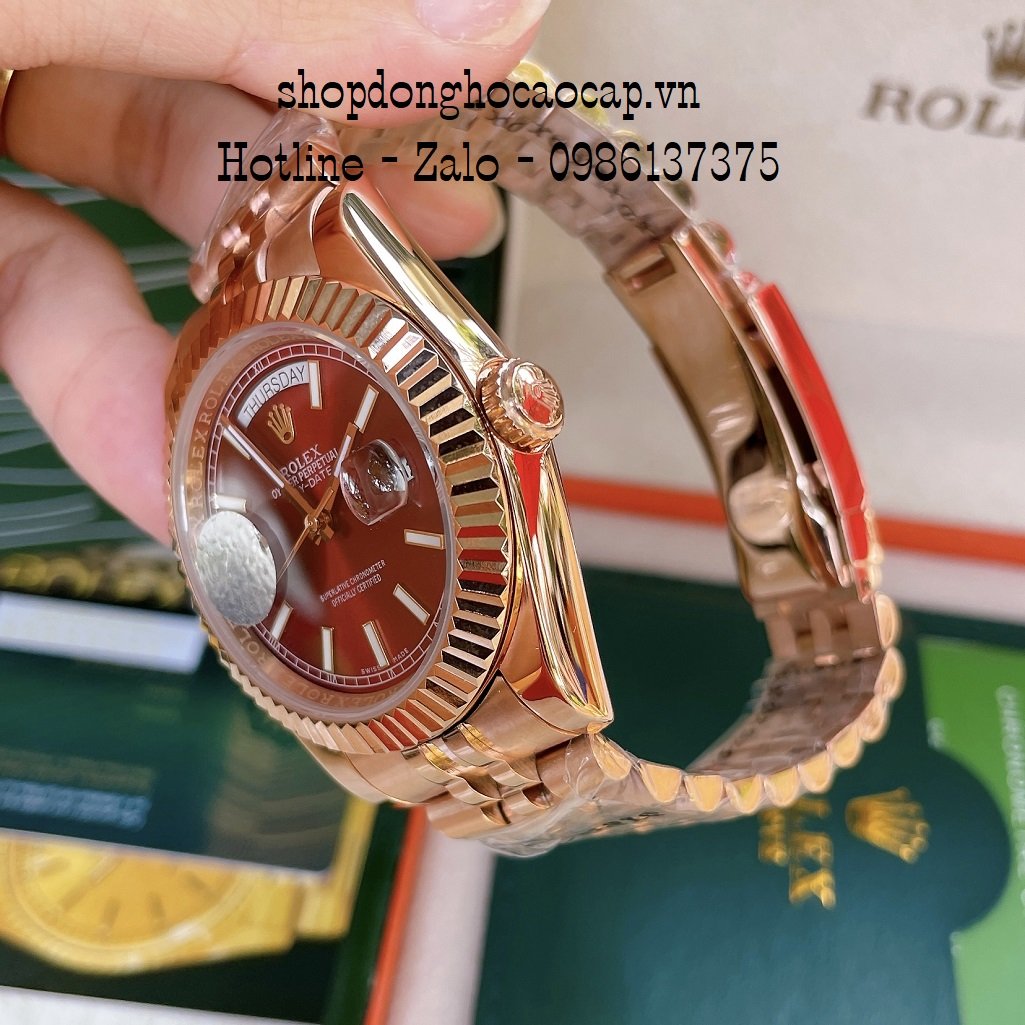 Đồng Hồ Nam Rolex Automatic 2 Lịch Viền Khía Đồng Đỏ 41mm