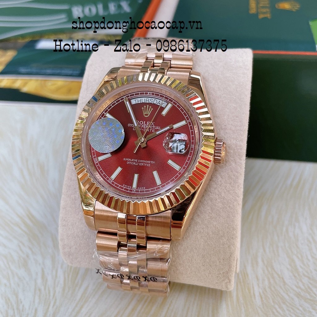 Đồng Hồ Nam Rolex Automatic 2 Lịch Viền Khía Đồng Đỏ 41mm