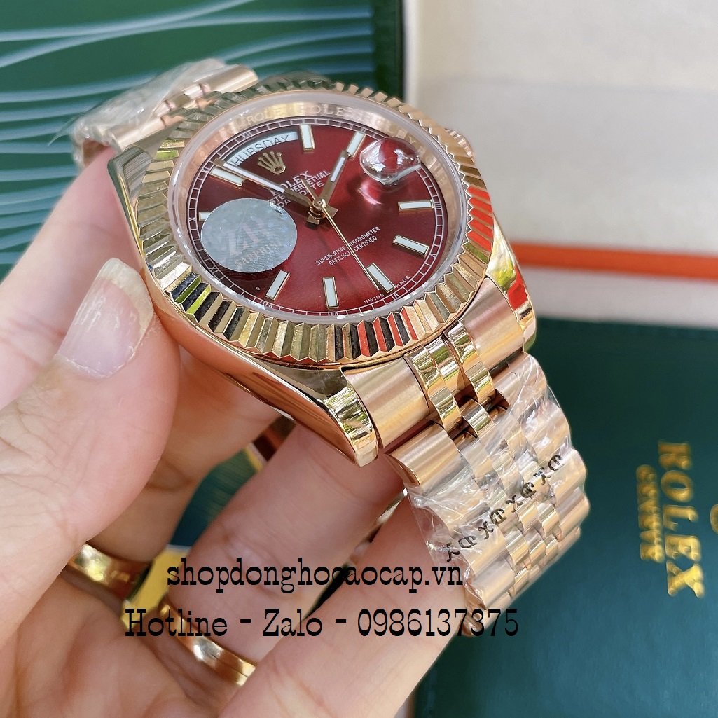 Đồng Hồ Nam Rolex Automatic 2 Lịch Viền Khía Đồng Đỏ 41mm