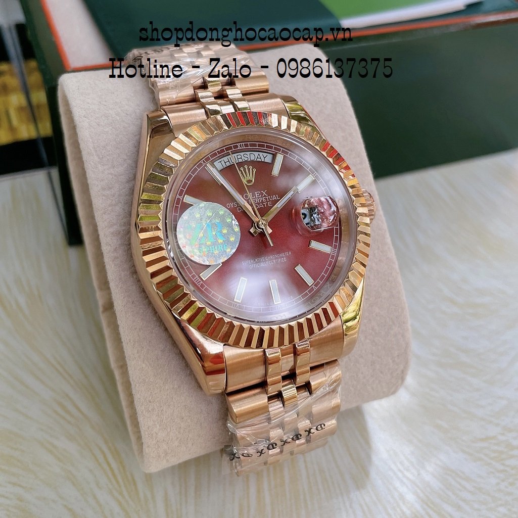 Đồng Hồ Nam Rolex Automatic 2 Lịch Viền Khía Đồng Đỏ 41mm