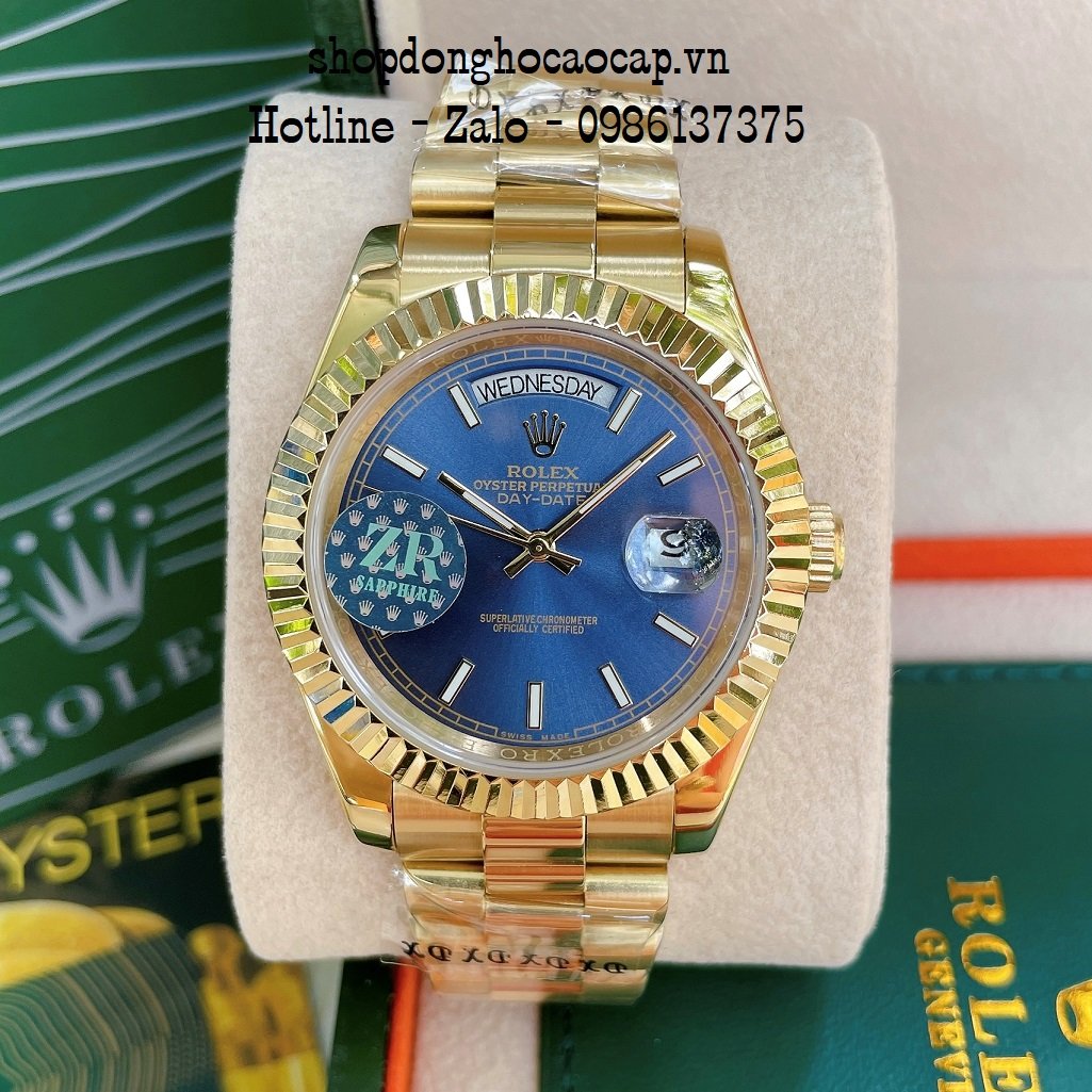 Đồng Hồ Nam Rolex Automatic 2 Lịch Viền Khía Vàng Blue 41mm