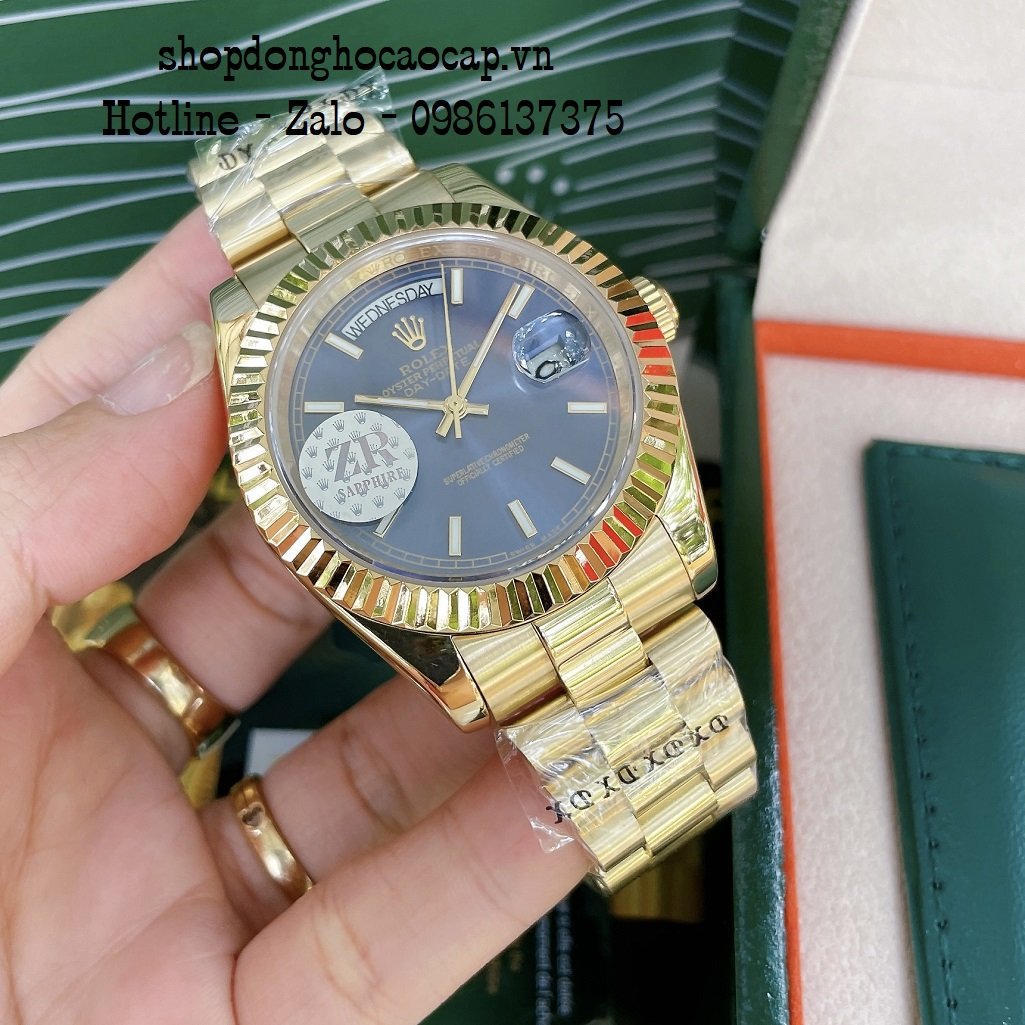 Đồng Hồ Nam Rolex Automatic 2 Lịch Viền Khía Vàng Blue 41mm