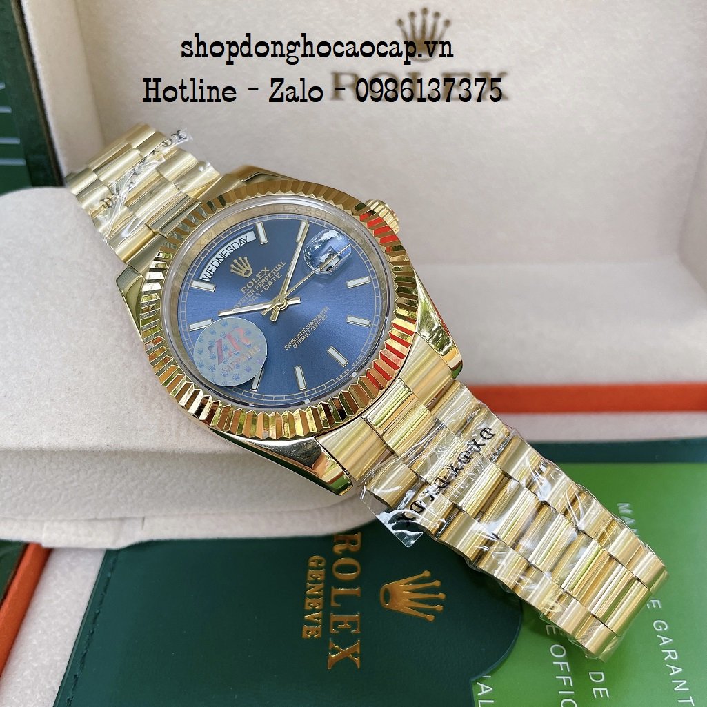 Đồng Hồ Nam Rolex Automatic 2 Lịch Viền Khía Vàng Blue 41mm