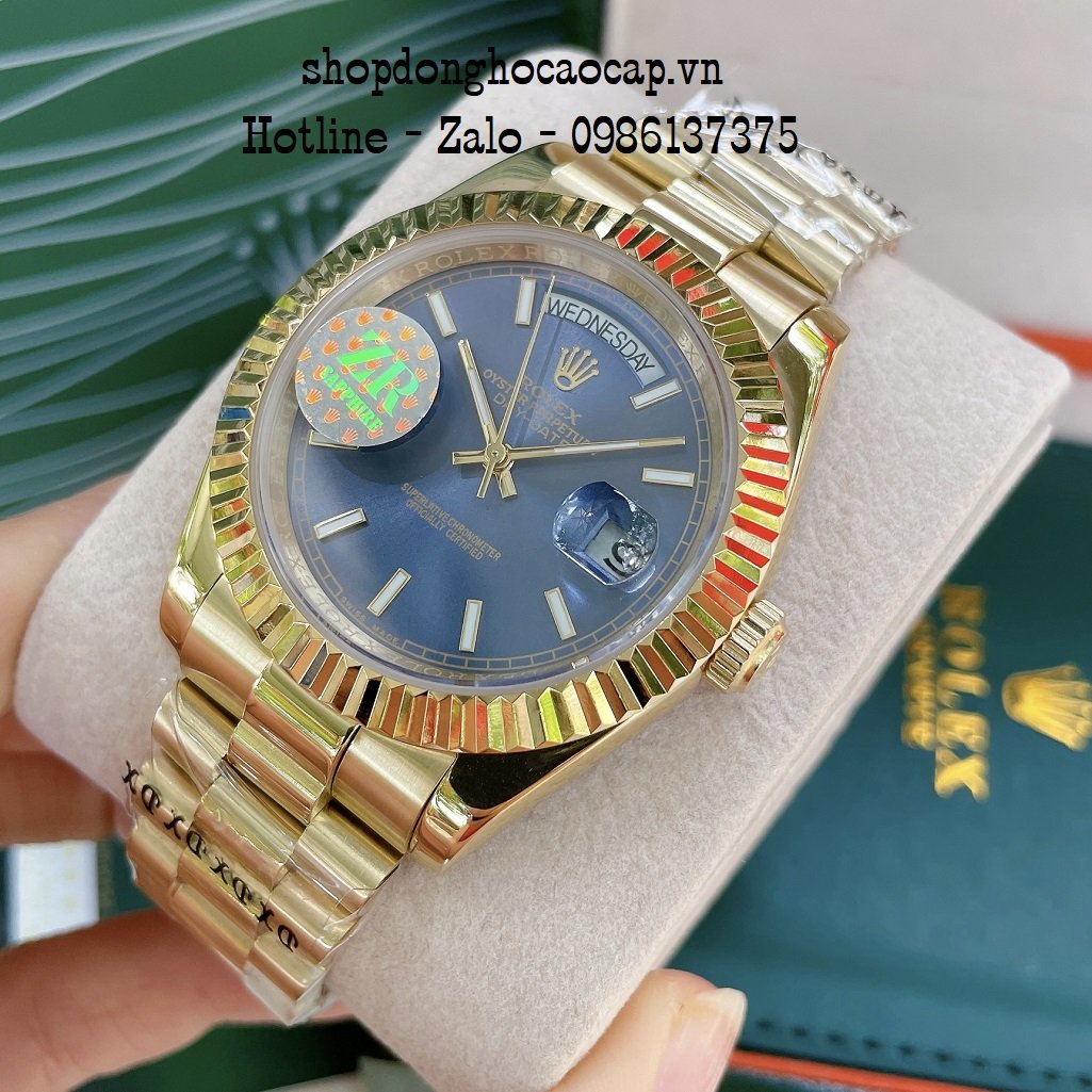 Đồng Hồ Nam Rolex Automatic 2 Lịch Viền Khía Vàng Blue 41mm