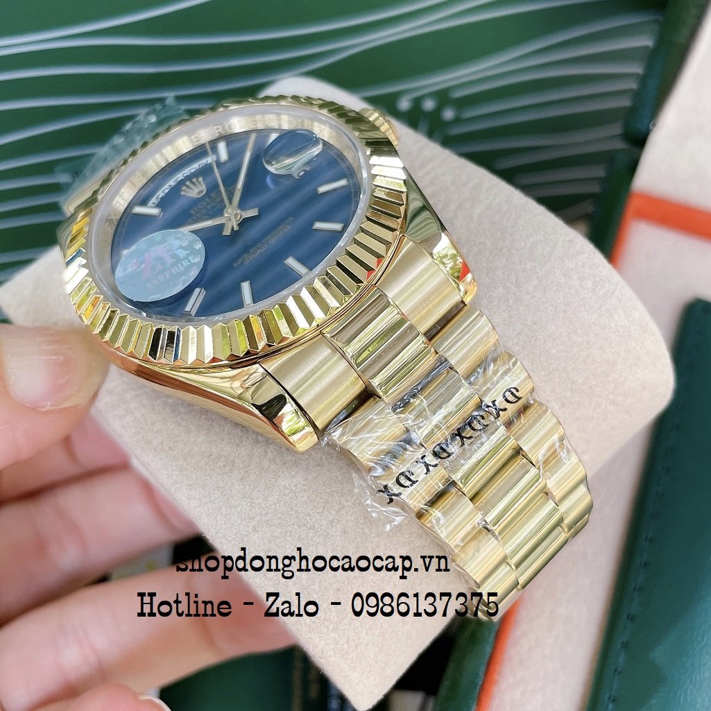 Đồng Hồ Nam Rolex Automatic 2 Lịch Viền Khía Vàng Blue 41mm